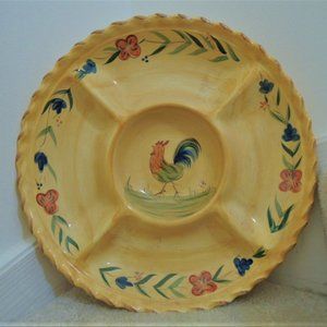 Serving Platter Handpainted Chicken Motif 5 Compartment Slotted Dish Vtg 80s